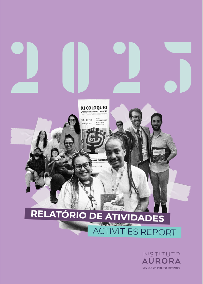 Capa violeta do relatório de atividades de 2025 do Instituto Aurora.